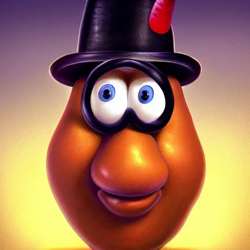 Image similar to teteaclaquestv mr potato head caricature, artgem, digital painting, color painting, hyperrealistic, concept art, oil painting, masterpiece, concept art, trending on deviantart, realistic and detailed face, highly detailed, high quality, 8 k, soft lighting, fancy colors, fantasy, cinematic, high coherence