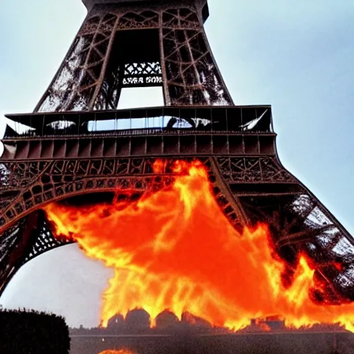 Image similar to eiffel tower on fire, super realistic