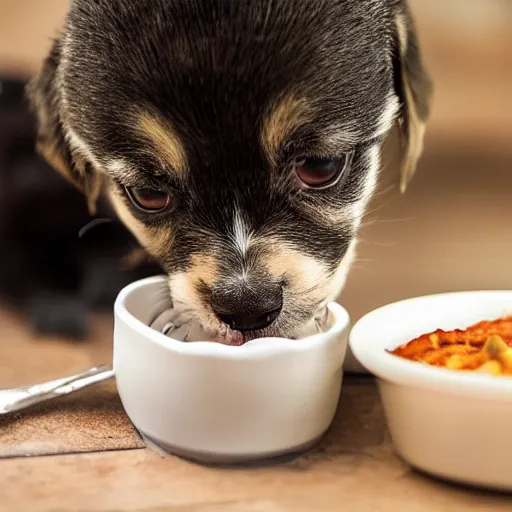 Image similar to photography of a puppie sharing his meal with a small baby cat, animal photography, award winning photography by Leonardo Espina