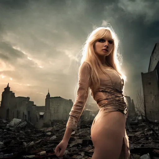 Prompt: beautiful blond sorceress girl casting a spell, in a destroyed city, moody lighting, 8 k, shallow depth of field, cinematic lighting,