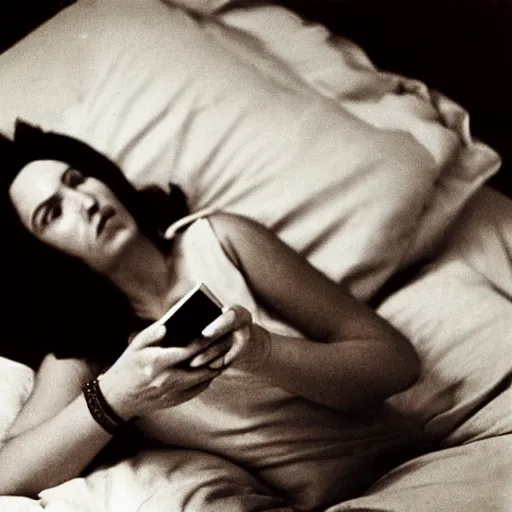 Prompt: a woman with dark brown hair looking at a cell phone lying down on a bed, photo by Dianne Arbus