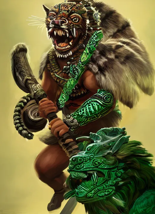 Image similar to a highly detailed illustration of fierce young aztec jaguar warrior boy wearing green jaguar mane, heroic roaring wielding aztec macuahuitl pose, muscular, intricate, elegant, highly detailed, centered, digital painting, artstation, concept art, smooth, sharp focus, league of legends concept art, wlop