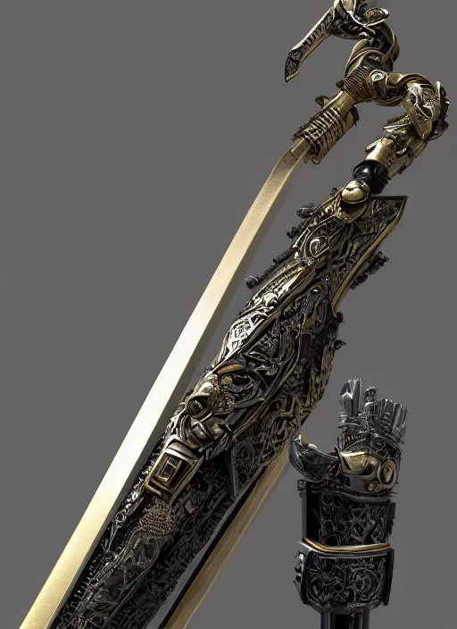 Prompt: hyper realistic glorious ancient katana sword in a obsidian metal armor, futuristic design, designed by makoto kobayashi and luca zampriolo, portrait, cyberpunk style, wood and gold details, intricate, extremely detailed, ornate, deep of field, hard surface, exoskeleton, substance designer metal unreal engine. amazing likeness. very detailed.