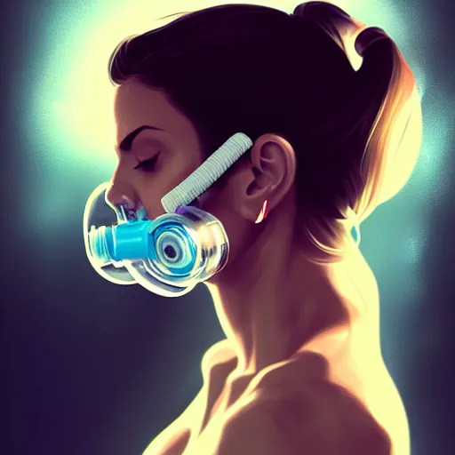 Prompt: a profile photo of an undercover girl with oxygen mask, side profile in underwater, highly detailed, digital painting, artstation, concept art, smooth, sharp focus, illustration by Sandra Chevrier