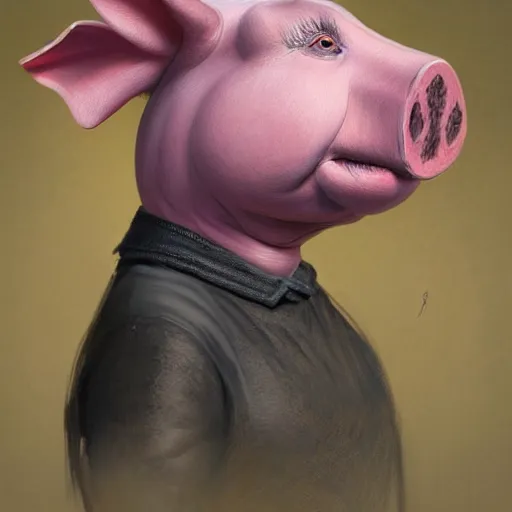 Image similar to dark fantasy character portrait of Peppa Pig, pig, animal, pig face, Peppa pig character, dramatic, unsettling, intricate, wild, highly detailed, digital painting, artstation, upper body, concept art, smooth, sharp focus, illustration, art by artgerm and greg rutkowski and alphonse mucha