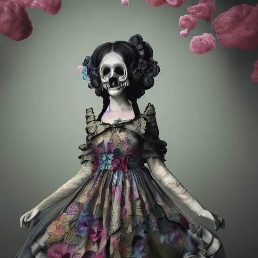 Image similar to 8 k, octane render, realism, tonalism, renaissance, rococo, baroque, cotton candy, creepy young lady wearing long harajuku manga dress with flowers and skulls ( background chaotic flowers )