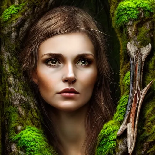 Image similar to a gorgeous wild woman that has deer antlers, deep forest background, matte oil painting, dnd art, fantasy, trees, terrain, moss, lichen, stunning, beautiful, feral, clear, crisp, sharp, award - winning, portrait, extremely detailed