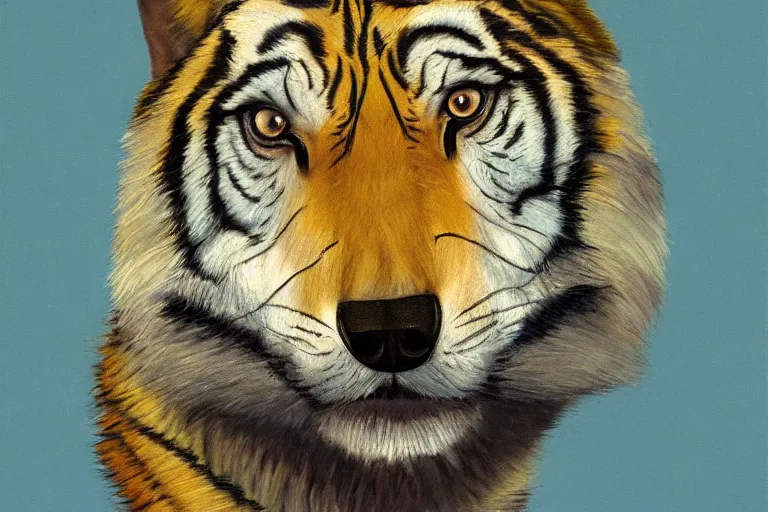 Image similar to wolf tiger hybrid animal, portrait by tim eitel