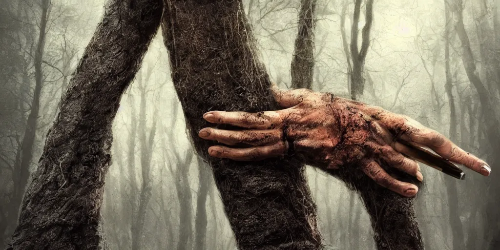 Image similar to a hand of a forest giant holding a tree trunk like a pencil, closeup, dirty nails, bridge to terabithia, fantasy, fog, digital art, studio lighting, deep colors