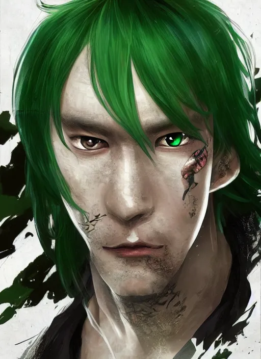 Prompt: a portrait of a japanese handsome man with green hair and a scar on his eye that uses 3 swords to battle, japanese demon aura behind him wearing a traditional samurai dress, intricate, highly detailed, digital painting, artstation, concept art, smooth, sharp focus, illustration, art by Charlie Bowater and Gustave Baumann, matte painting