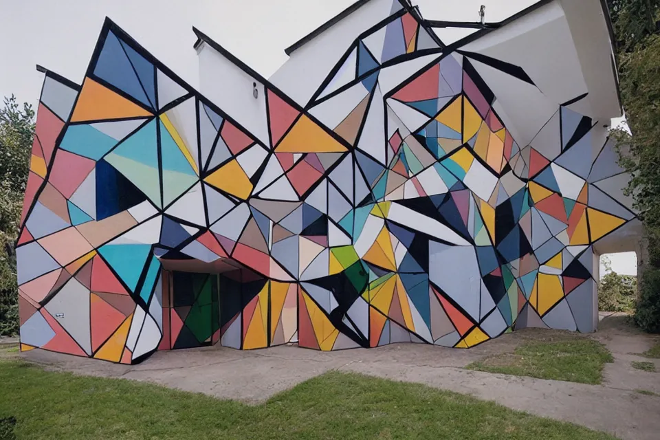 Image similar to geometric anamorphic graffiti of a modern house, by birdo, alex maksiov and john pugh