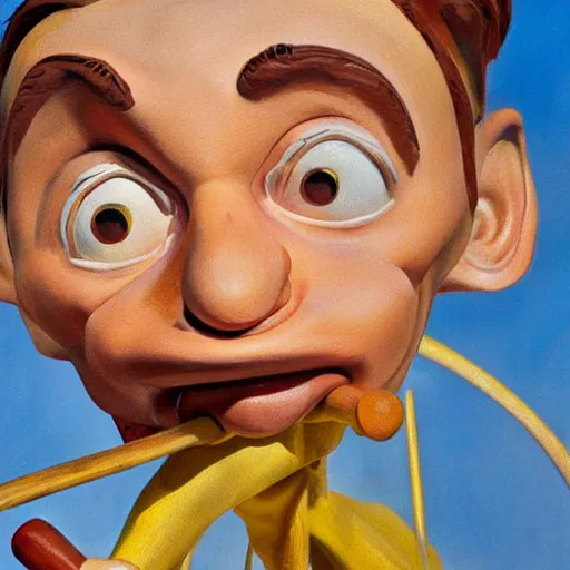 Image similar to disney's pinocchio cartoon puppet, high quality high detailed painting by lucian freud, hd, photorealistic lighting