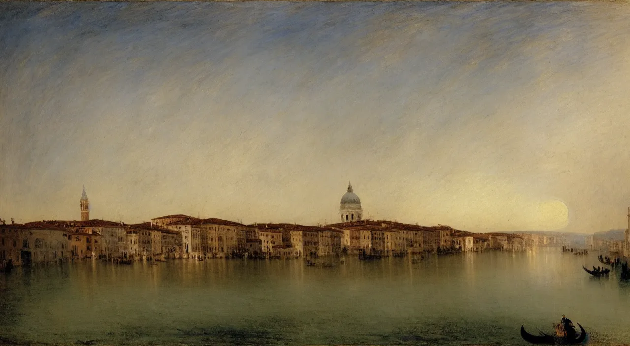 Prompt: a serene landscape of venice, green river, on the bank is the domed church, by william turner