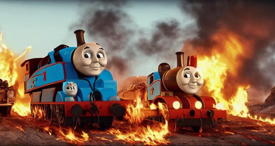 Image similar to still frame of Thomas the Tank Engine with fire in MAD MAX: FURY ROAD (2015)