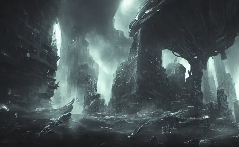 Image similar to an epic extraterrestrial battle in new york city, in the style of the abyss, epic scene, extremely detailed masterpiece, extremely moody lighting, glowing light and shadow, atmospheric, shadowy, cinematic, god lighting