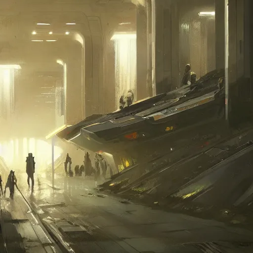 Image similar to scifi concept art by greg rutkowski, futuristic subway station with a lot of people waitintg, futuristic brutalist aesthetic, dim ilumination, highly detailed portrait, digital painting, artstation, concept art, smooth, sharp foccus ilustration, artstation hq