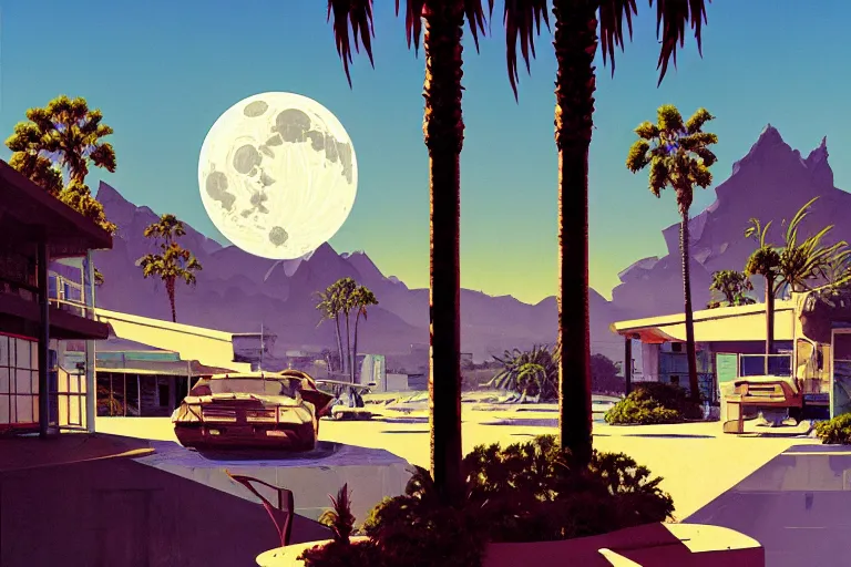 Image similar to broken robot | abandoned motel | palm trees | snowy mountains | moon in sky, painting by syd mead and weta studio and moebius and james jean and frank frazetta, highly detailed, rule of third, soft lighting, architectural magazine, beautiful detailed, insanely intricate details, artstation trending, hypermaximalistic, high details, cinematic