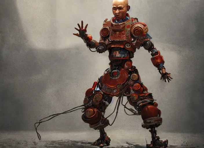 Image similar to detailed full body concept art illustration oil painting of a robotic monk doing tai chi in full intricate detail, ultra detailed, digital art, octane render, dystopian, zero dawn, 4k