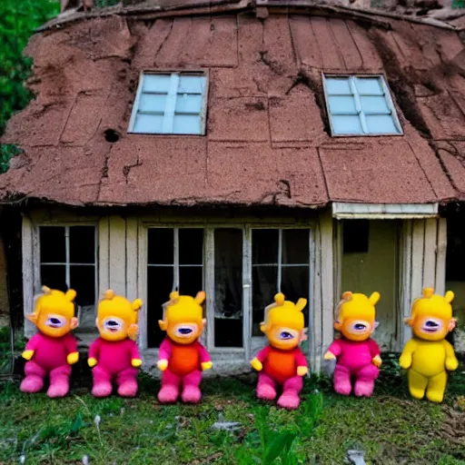 Image similar to burning teletubbies plush dolls inside abandoned dollhouse