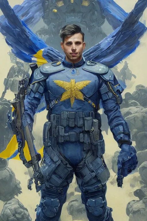 Prompt: shot of a super soldier with Ukrainian blue and yellow flag on his back, handsome, fantasy, intricate, pile of skulls under his feet, elegant, highly detailed, digital painting, artstation, concept art, smooth, sharp focus, illustration, art by artgerm and greg rutkowski and alphonse mucha