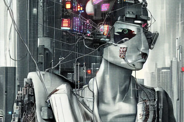 Prompt: man with wires on his head and a cigarette in his mouth, cyberpunk art by hayao miyazaki, behance contest winner, panfuturism, circuitry, darksynth, future tech