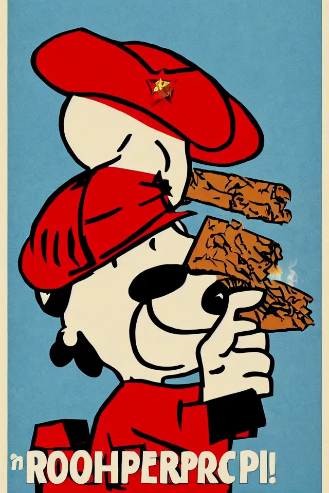 Image similar to an epic socialist realism poster of a singular communist snoopy in a red beret smoking a blunt for the proletariat