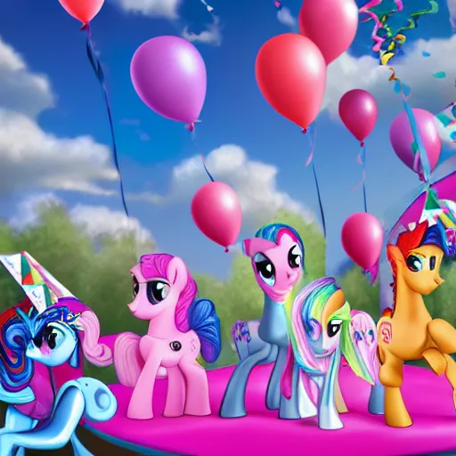 Image similar to children riding (my little pony) at a birthday party in the city park. balloons, cake, presents, craziness, havoc, 8K, 4K, digital art, 3D, cgsociety, pixar