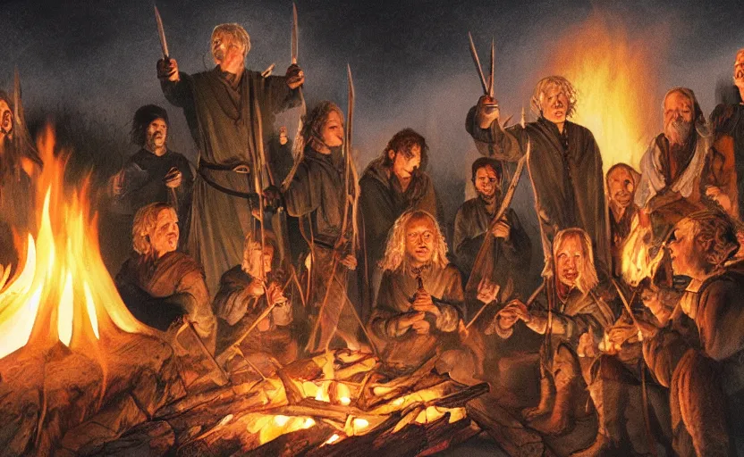 Image similar to illustration of the fellowship of the ring making s'mores around a campfire