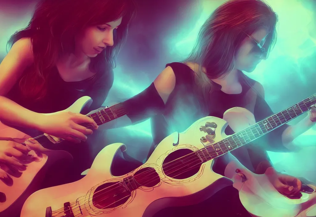 Image similar to women playing guitar, televisions, artstation, details, volumetric light, futuristic, pastel