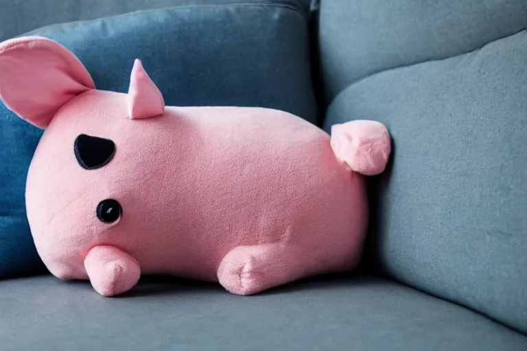 Prompt: a high quality photo of a pink chubby stuffed animal with dark blue shirt sitting on a couch, kangaroo, light gray triangle in face, full body, wide angle, an ultrafine detailed photo, trending on artstation, perfect symmetrical face, sharp focus, masterpiece