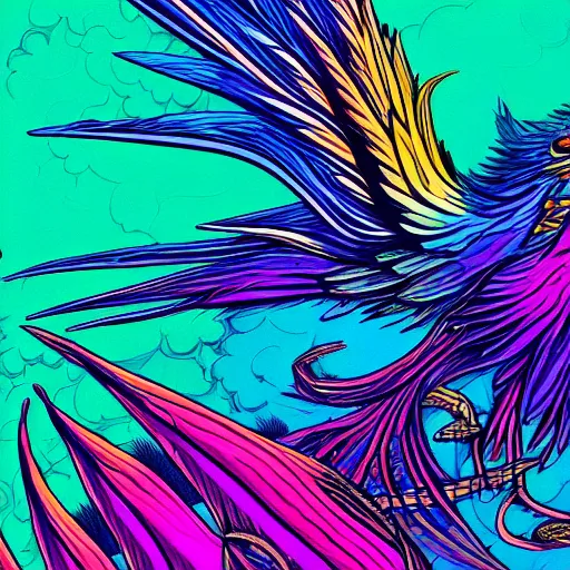 Image similar to artwork of a rainbow coulored phoenix, highly detailed, artstation, smooth illustration