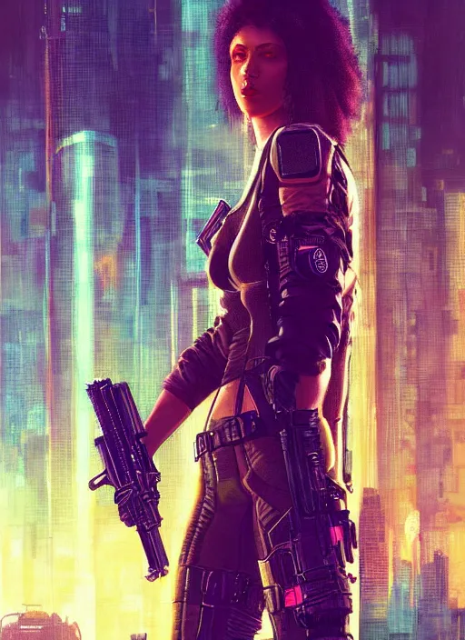 Prompt: Maria. mercenary in tactical gear infiltrating corporate mainframe. Afro. Cyberpunk 2077, blade runner 2049, matrix Concept art by James Gurney, greg rutkowski, and Alphonso Mucha. Stylized painting with Vivid color.