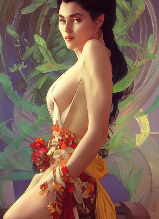 Image similar to gorgeous michi wearing a silk robe, digital painting, artstation, concept art, sharp focus, illustration, art by artgerm and greg rutkowski and alphonse mucha