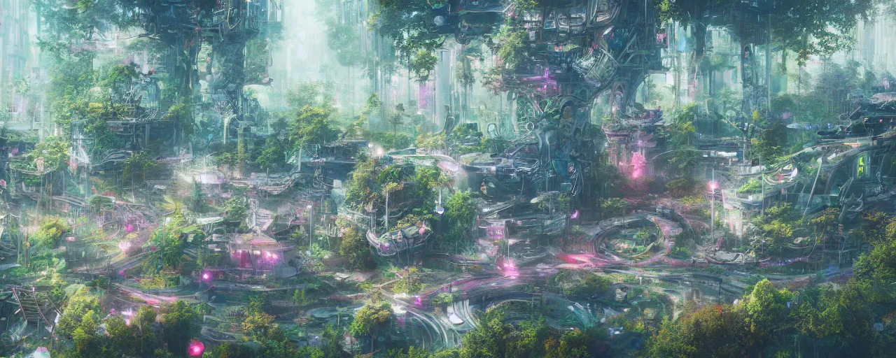 Image similar to detailed concept art illustration colorful pastel painting of a sci-fi forest city in full intricate detail, ultra detailed, digital art, octane render, 4K, dystopian, micro details
