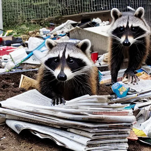 Prompt: a family of raccoon digging through a gigantic mound of trash and newspapers and junk