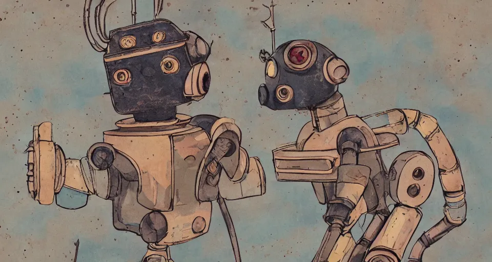Image similar to a detailed illustration of a cute retro robot dog, alcohol inks on parchment, muted colors, detailed, textured parchment background, 1 9 5 0 s concept art