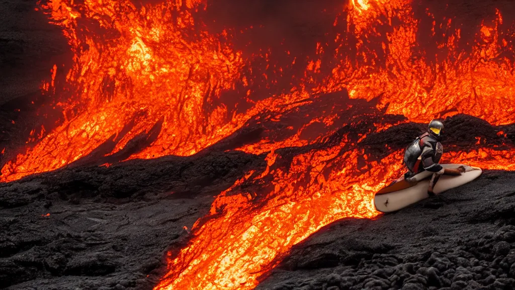 Image similar to person in armor surfing down a river of lava on the side of a volcano on surfboard, action shot, dystopian, thick black smoke and fire, motion blur, sharp focus, cinematic, tilt shift lens