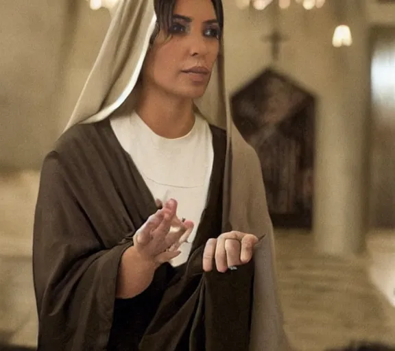 Prompt: a movie still of kim kardashian as a nun with her bust slightly showing. backround : church interior
