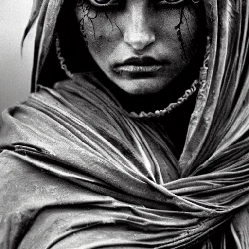 Image similar to beautiful portrait of a dark sorceress female, 35mm, cinematic atmosphere, photorealistic, depth of field, style of irwing penn and steve mccurry