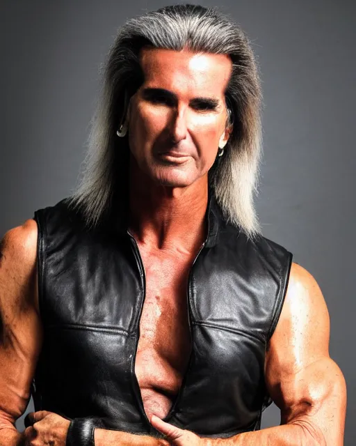 Prompt: photo of scruffy fabio lanzoni with black black hair ponytail and a five o clock shadow wearing a black leather vest, shirtless, dark cargo pants 9 9 9 9 9 9 9 9 9