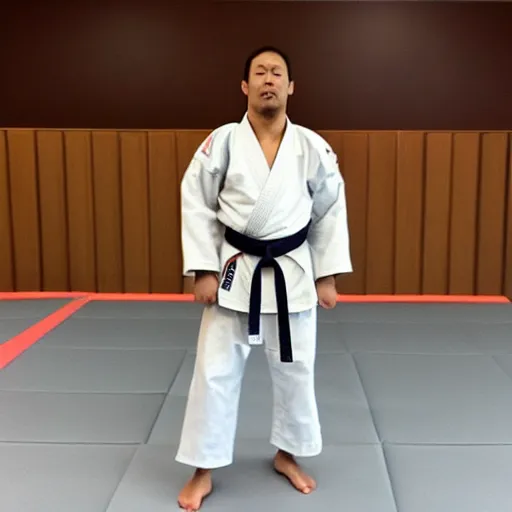 Prompt: a photo of a karate master standing on tatami