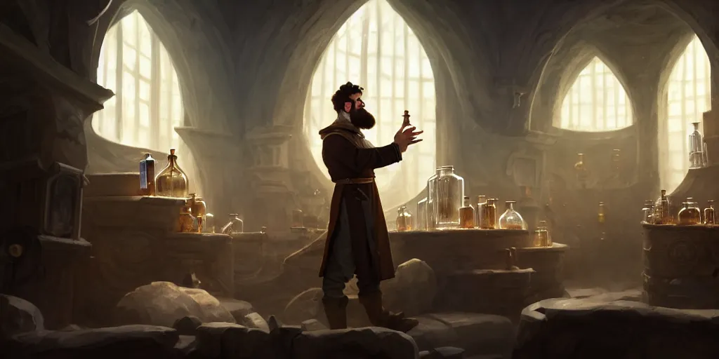 Image similar to a handsome bearded caucasian male sorcerer with brown hair, he is in a alchemist lab filled with beakers and equipment, casting a spell from a open book, neutral pose, digital art, concept art, epic composition, 4 k, light rays, super coherent, by dave melvin and greg rutkowski