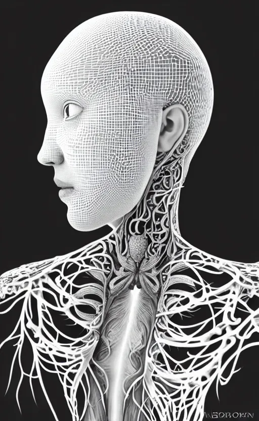 Image similar to a black and white 3D render of a beautiful profile face portrait of a female vegetal-dragon-cyborg, 150 mm, orchid stems, fine lace, Mandelbrot fractal, anatomical, flesh, facial muscles, cable wires, microchip, veins, arteries, full frame, microscopic, elegant, highly detailed, flesh ornate, elegant, high fashion, rim light, octane render in the style of H.R. Giger and Man Ray