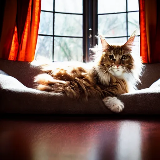 Image similar to portrait cream color maine coon cat curled up, bay window sofa, 8K, 4K, art, style of Matt Bors, by Antoine Blanchard, oversaturated lens flair, bokeh, sunbeam