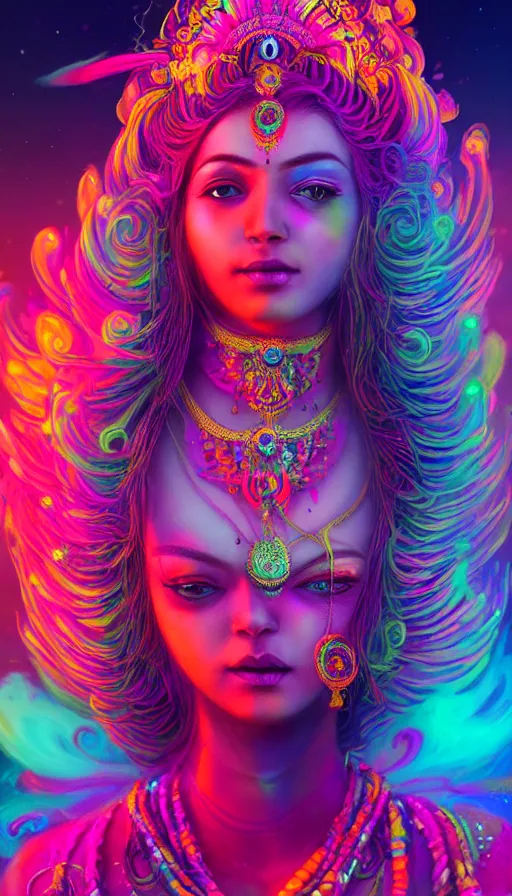 Image similar to a beautiful indian goddess engulfed in colorful liquid smoke and neon clouds, a colorful psychedelic experience, dmt, lsd, face, highly detailed, artstation, concept art, matte, sharp focus, illustration, digital art by hana yata, and artem demura and beeple, octane render, unreal engine, 8 k