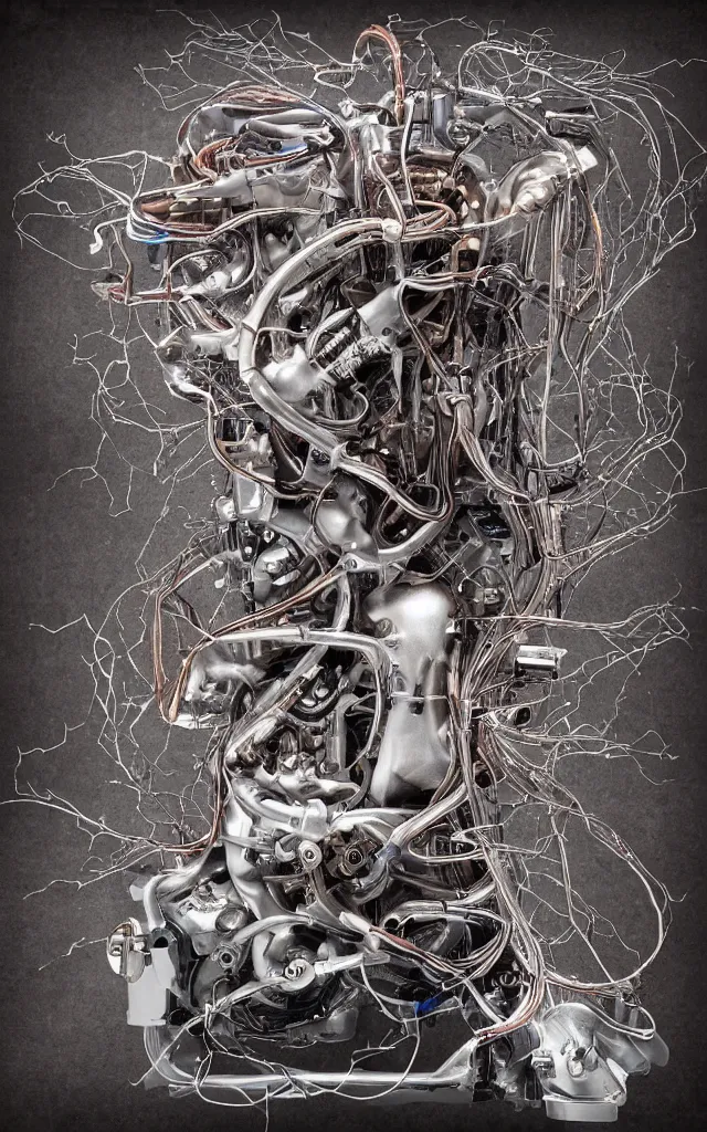 Prompt: a ghost inside metallic anatomical magnesium with integrated internal combustion engine pistons and exposed wires album cover