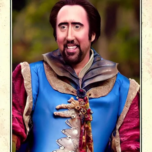 Image similar to nic cage in snow white, disney,