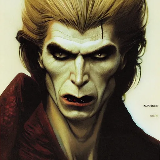 Image similar to head and shoulders vogue photo portrait of a male vampire, d & d, fantasy, greg rutkowski, frank frazetta, alexandre chaudret, boris vallejo, michael whelan, miro petrov, hr giger, magali villeneuve, donato giancola