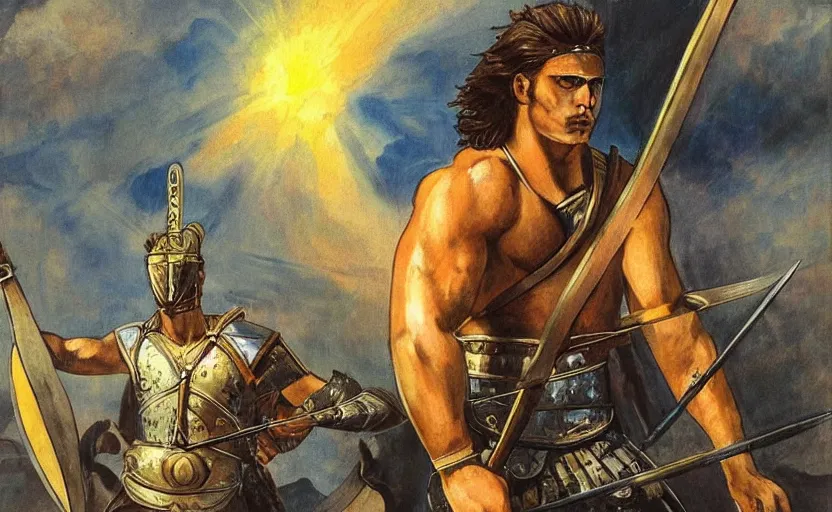 Image similar to the great greek warrior achilles with a spear, piercing the edge of the universe from the book of the long sun by gene wolfe,