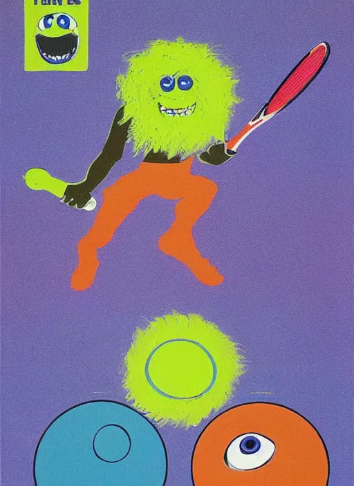 Prompt: tennis ball monsters playing tennis, poster artwork by Basil Gogos , clean